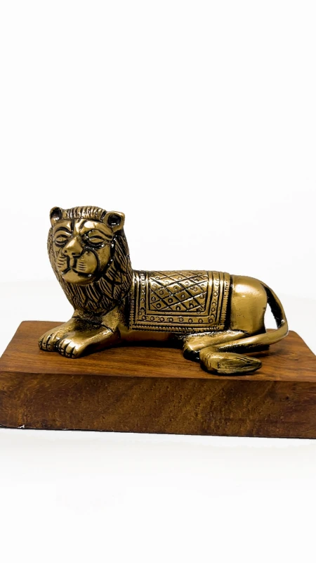 Brass Lion Showpiece on Wooden Base | Symbol of Courage & Leadership