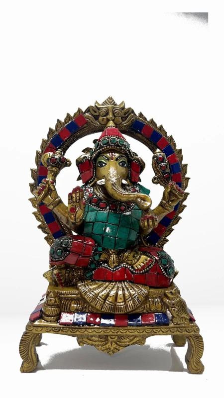 Brass Ganesha Statue with Glass Inlay | Exclusive Handcrafted Idol